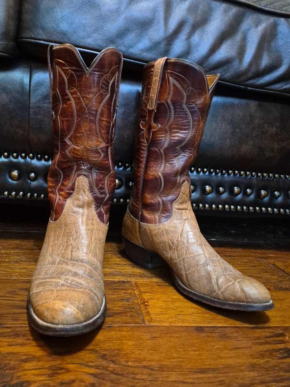 Vintage Lucchese San Antonio Era Brown/Tan Bullhide Boots - Men's Size 9.5-B